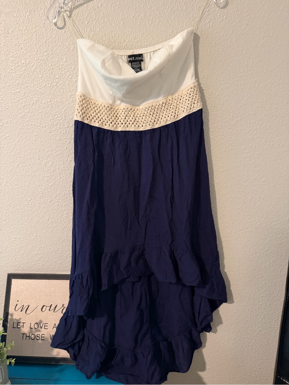 Wet Seal Strapless Navy and Cream Crochet High-Low Dress
